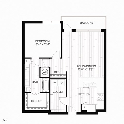 Floor plan for 1 bed, 1 bath, 876 sqft